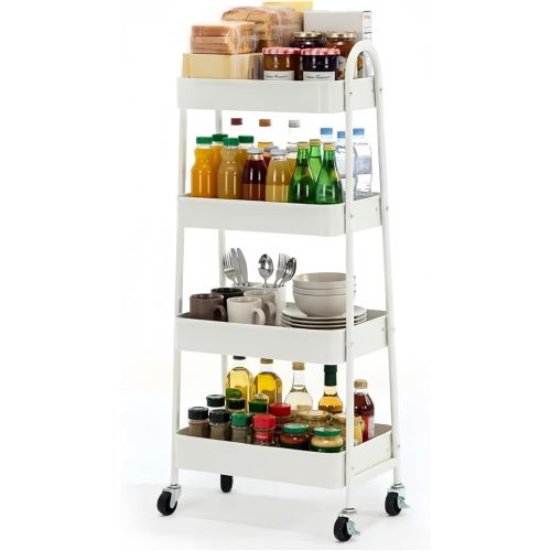 White 4 Tier Metal Rolling Utility Cart, Mesh Baskets, Lockable Wheels
