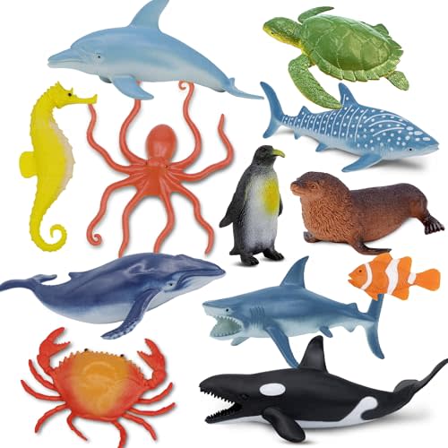 Ocean Sea Life Toy Figures Set for Kids, 12 PCS Realistic Marine Animals with Shark, Dolphin, Sea Turtle, Penguin, Seal, Clownfish, Crab, Ocean Animal Figure Toys for Boys Girls Toddlers