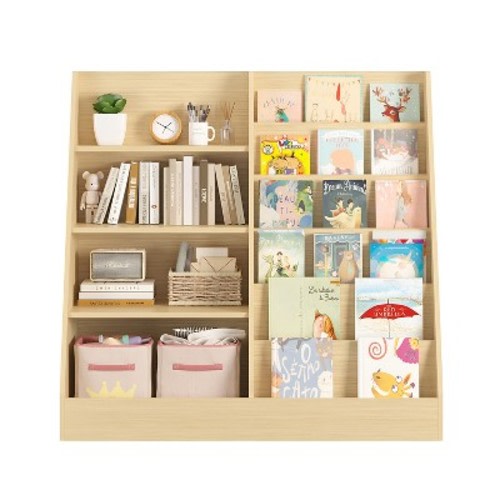 Kids Bookshelf and Toy Storage Organizer 4 Tier Wooden Book Shelf with Storage Bookcase for Kids Room Playroom Nursery