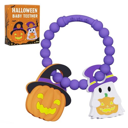 Halloween Baby Teething Toys, Pumpkin & Ghost Silicone Teether for 3-12 Months, Textured Sensory Chewing Ring for Infants & Toddlers, Boo Basket Stuffer, Gift for Baby’s First Halloween