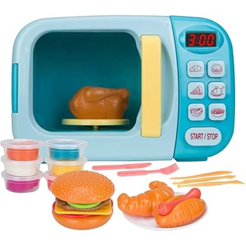 Microwave Toys Kitchen Play Set with Light Sound,Kids Pretend Play Electronic Oven with Play Food and 6 Color DIY Play-Dough for Children Ages 3+ Years (Blue)