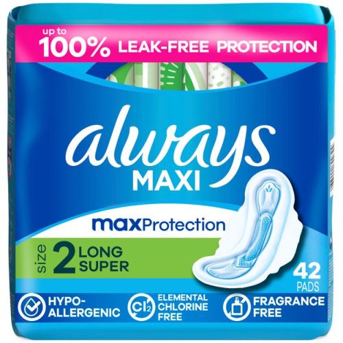 Always Maxi Pads Long Super Absorbency Unscented with Wings - Size 2 - 42ct
