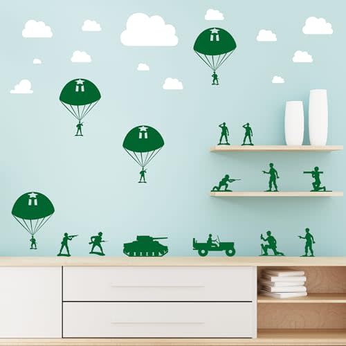 Pounchi Army and Clouds Wall Stickers (4 Sheets 93 Pcs) with Transfer Films | Cool Solider Military DIY Wall PVC Decals for Bedroom Living Room Decor