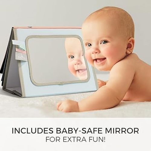 Soft Tummy Time Book w/ Large Stimulating Baby Safe Mirror - Fun High Contrast Montessori Toy w/ Mirror, Crinkle Filling & Silicone Teether - The Perfect Toy For Safe Early Newborn/Infant Development