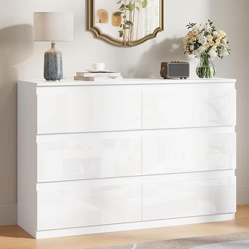 6 Drawer Dresser, 47" Wide White Wood Clothes Storage for Bedroom
