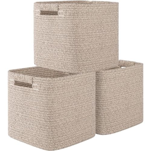 OIAHOMY Storage Cubes 11 Inch Storage Bins-3-Pack, Cotton Rope Woven Baskets for Organizing, Square Storage Baskets for Shelves Organizer, Classroom, Kids Toy Bins, Closet, Baby Nursery-Brown