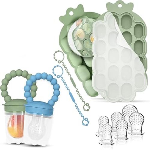 O’doe Baby Popsicle Molds | 2 Feeders, 6 Nipples, 2 Clip, 1Trays (18-Holes Silicone Baby Food Freezer Tray) | BPA-Free Teething Relief Baby Fruit Feeder Pacifier and Baby Food Feeder for Infants