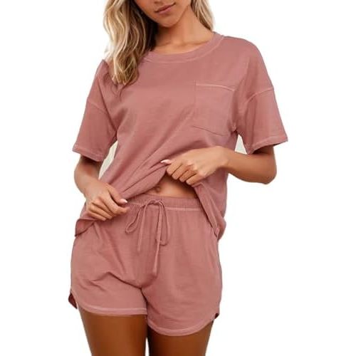 KCW Pajamas for Women Set 2 Piece 100% Cotton Lounge Sets Short Sleeve Top and Shorts Pj Set Sleepwear Outfits