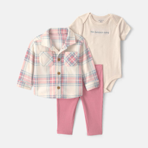 Baby Girl 3-Piece Plaid Fleece Layering Set - Pink | Carter’s Oshkosh Canada