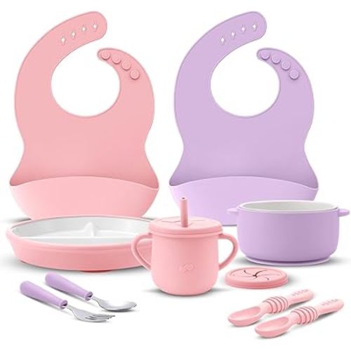 9 Pcs Porcelain Kids Plates and Bowls Feeding Set with Suction, Ceramic Baby Toddler Divided Plates Silicone Sleeve Bowls Forks Spoons Cup Bib Microwave Dishwasher Safe(Pastels)