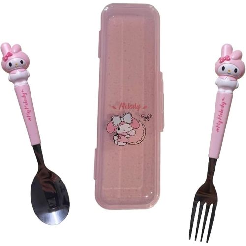 Stainless Steel Cutlery Tableware Flatware Silverware 3 Piece Set Portable Reusable Travel Cute Kawaii Anime Cartoon Dog Bunny for Boys and Girls (Pink Melody)