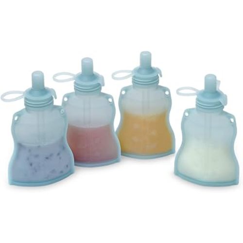 Haakaa Silicone Yummy Pouch 4.5 oz – Reusable Silicone Snack & Smoothie Pouch, Refillable, Leak-Resistant, Dishwasher Safe, Eco-Friendly Food Storage for Kids & Toddlers (4-PK, Mist Blue)