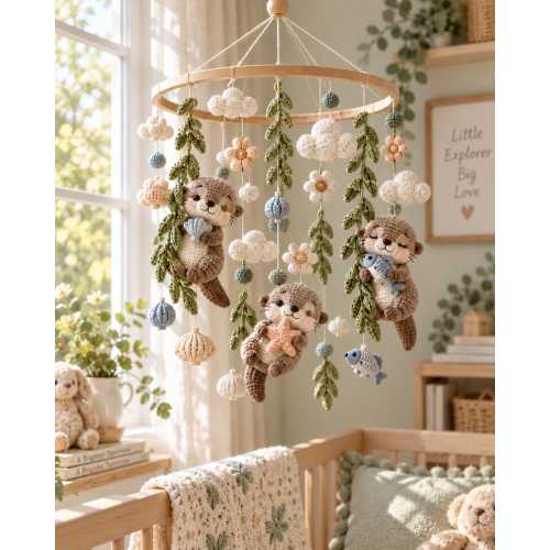 Crochet Otter Baby Mobile, Sea Otter Crib Mobile, Coastal Nursery Decor, Fish & Starfish Mobile, Baby Shower Gift