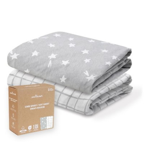 The Peanutshell Grey Star, Windowpane Organic Cotton Crib Sheets for Baby Boys and Girls, 2 Pack