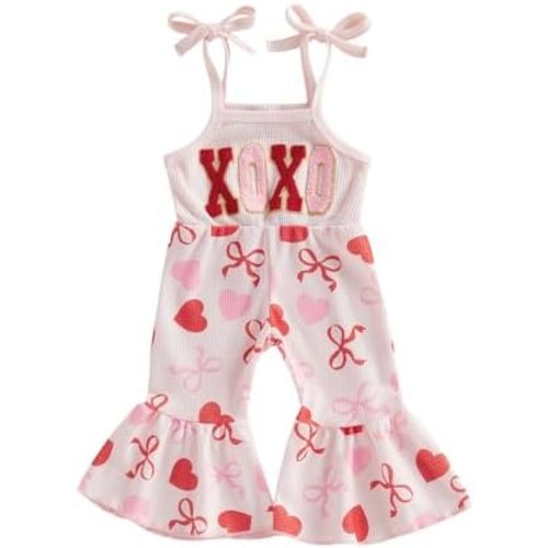 Toddler Baby Girl Valentines Outfit Letter Embroidery Spaghetti Strap Romper Jumpsuit Bell Bottom Overalls Pants