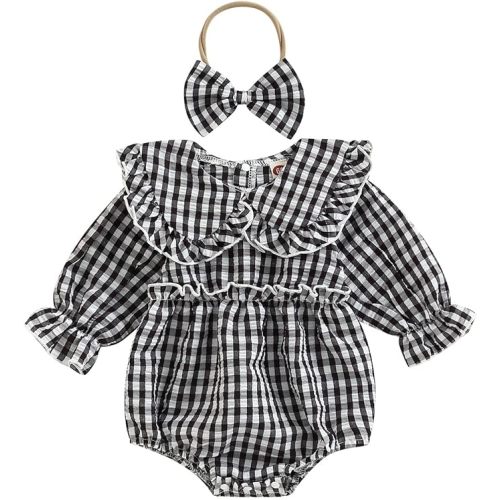 Newborn Baby Girl Clothes Gingham Plaid Bubble Romper Long Sleeve Ruffle Bodysuit with Headband Spring Fall Outfit