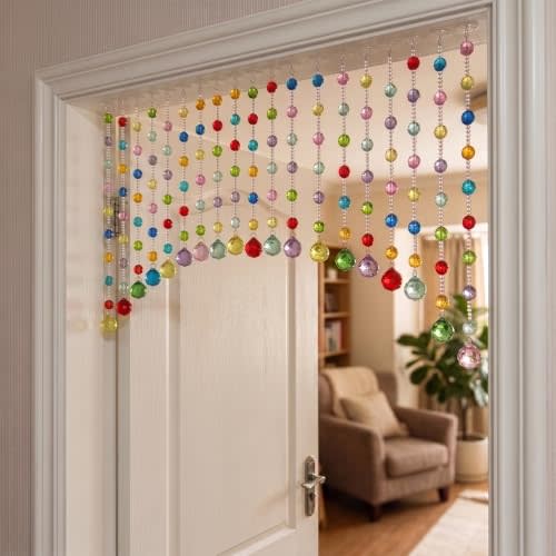 Acrylic Multicolor Beaded Door Curtain, Self-Adhesive Door String Beads Curtains for Doorways Hippie Window Closet Door Way Bead Hangings Curtain Arched Bedroom Hallway String Curtains(20 Strings)