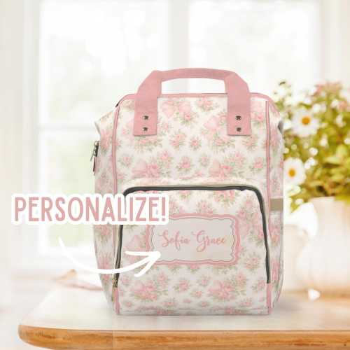 Girly pink floral coquette bows inspired Love shack fancy Multi-Purpose Diaper Bag Everyday Backpack Vacation Travel Diaper Tote & Baby Gear