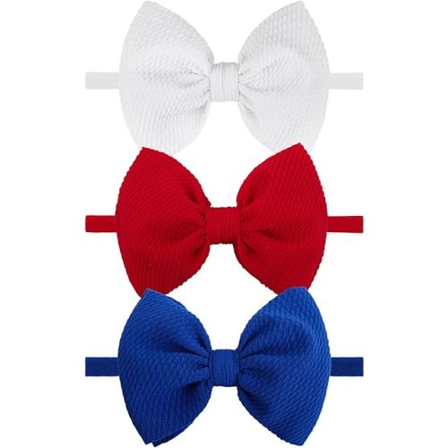 YanJie 3rd of July Hairband Nylon Baby Girl Bows with Red, White, Blue Accents - One Size Fits All Infant Toddler Headbands for Festivals, Everyday Wear, and Special Occasions - Set of 3