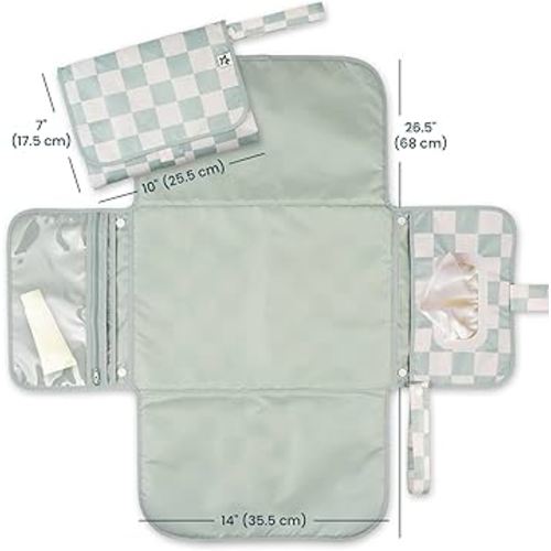 Tiny Twinkle Portable Diaper Changing Pad – Foldable, Waterproof & Compact Travel Changing Mat with Storage | Smart Wipes Pocket for On-The-Go Parents(Sage Checkers)