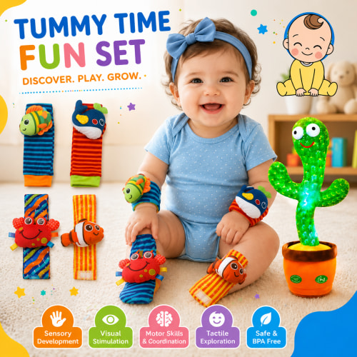 Happy Hatch Baby Rattle Socks & Wrist Rattles Set with Musical Cactus Toy, 5-Piece Sensory Tummy Time Toys for Newborn Infants