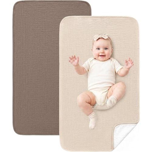 Eterish 2 Pack Waterproof Muslin Cotton Portable Changing Pad 30"x 17", Soft & Foldable Changing Pad Liner with Terry Backing, Travel Baby Changing Mat for Newborn Girls Boys