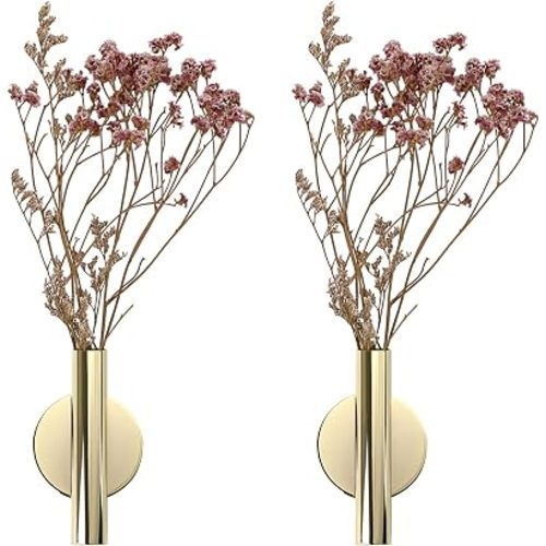 JUXYES 2 Pack Gold Self-Adhesive Metal Flower Vase Tube for Wall Decor