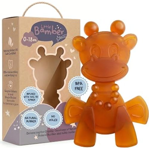 LittleBamber Baby Teething Toy - Made with Natural Rubber & Amber Elements - Gentle Support, Easy to Hold, Simple to Clean - Cute Giraffe Teether Toy - Alternative to Amber Teething Necklace