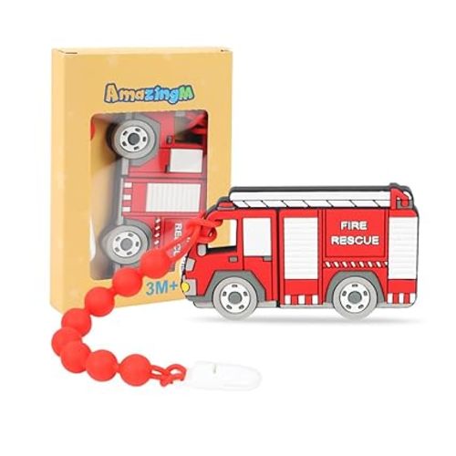 Baby Food Grade Silicone Carrier Vehicle Teether Toy with Pacifier Clip Holder,Teething Toys Gift Set for 3 Months+ Boys and Girls,Freezer Safe,BPA Free. (Fire Truck)