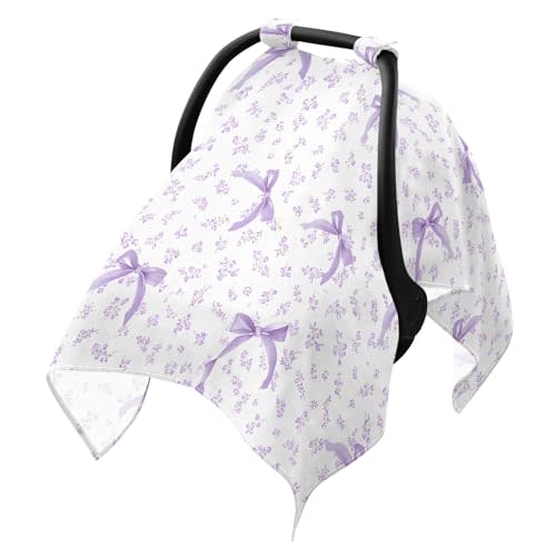 Purple Floral Bow Infant Car Seat Cover Baby Girls Stroller Carseat Covers Canopy Muslin Breathable Soft Lightweight Sun Shade Universal Fit