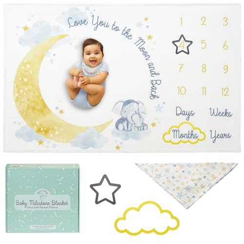 Bliss n' Baby Monthly Milestone Blanket for Baby Boys & Girls - 60"x40" - Wrinkle Free Moon and Stars Elephant Blanket with Growth Chart - Washable & Dryable - w/Frames & Cotton Bib - Space Theme Gift