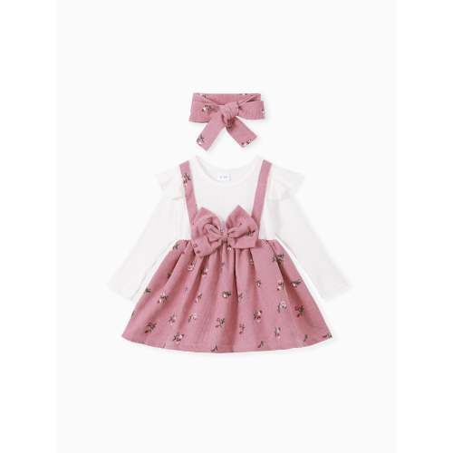 2pcs Baby Girl Floral Print Combo Dress with Headband Set ColorBlock