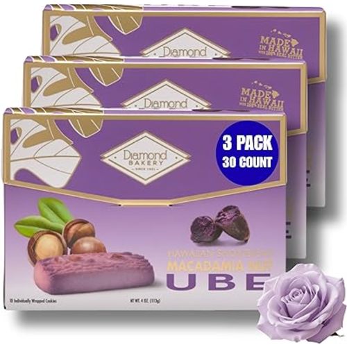 Diamond Bakery Ube Macadamia Shortbread Cookies – Buttery Shortbread with Ube Flavor and Crunchy Macadamia Nuts, Individually Wrapped, 12oz, 3-Pack (10 Cookies per Box, 3.5 Servings)