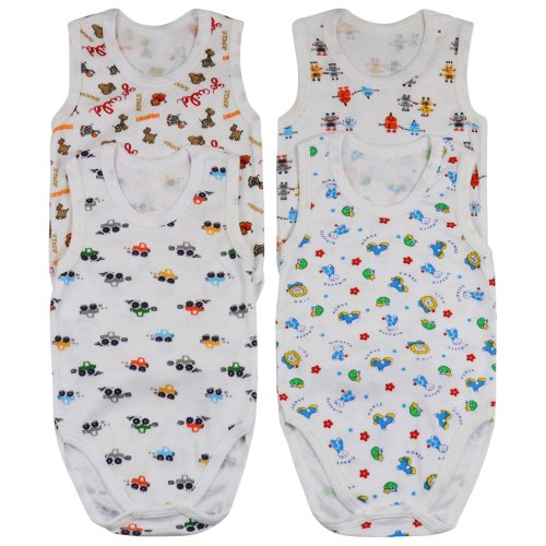 ToBeInStyle Boy's Pack of 4 Ultra-Soft Cotton Baby Tank Top Bodysuits - Animals - 3-6 Months Old