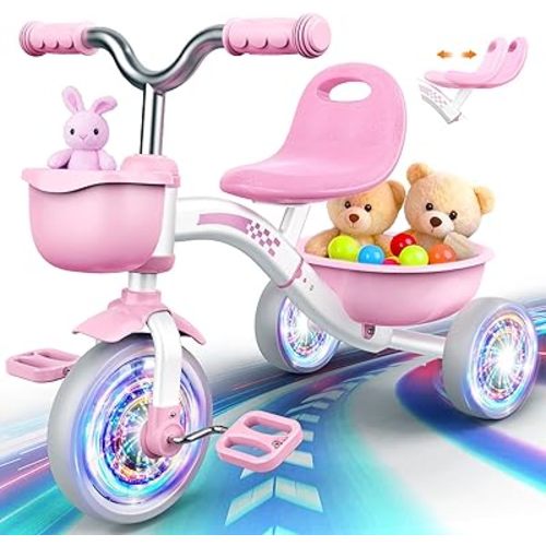 Toddler Tricycle for 1-3 3-5 Year Olds, 2 3 4 5 Year Old Girl Xmas Birthday Gifts, Pink Toddler Baby Bike, 4-Level Adjustable Seat, 3 Color Light Wheels, 2 Baskets, Outdoor Toys for Ages 2-4