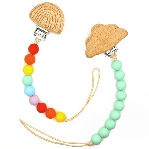 Canjolie Wood Paci Clips 2 Pack for Baby Girl & Boy, Premium Flexible Bead Design, Universal Fit, Safe Pacifier Holder