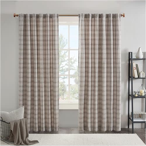 Madison Park Anaheim Cabin Plaid Curtain Window, Thermal Insulated Fleece Lining, Living Room Decor Room Darkening Drape for Bedroom, 1-Single Panel Pack, 50" x 84", Rod Pocket, Brown