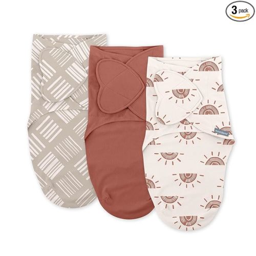 SwaddleMe by Ingenuity Monogram Collection Baby Swaddle, 100% Cotton, Improves Sleep & Calms Startle Reflex, 0-3 Months, Pocket Fold Design for Easy Changes, 1.0 TOG, 3-Pack - Rising Sun