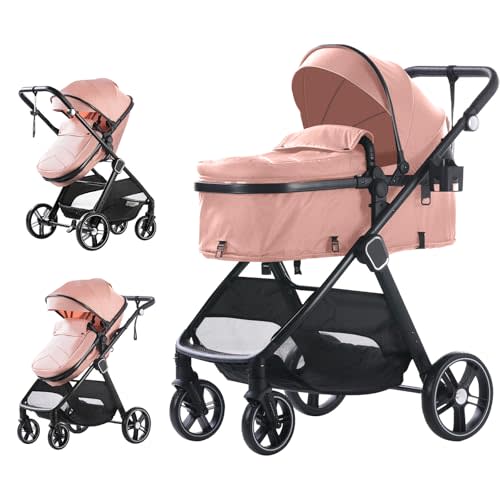 Trenana 2 in 1 Baby Stroller - High Landscape Infant Stroller with Reversible Bassinet, Adjustable Backrest & Canopy, Foldable Aluminum Alloy Anti-Shock for Newborns (Pink)