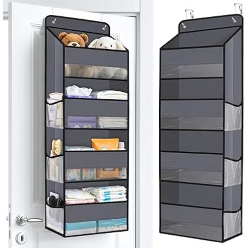 WISELIFE Over The Door Organizer Storage with 4 Large Pockets Door Hanging Organizer with Clear Windows behind The Door Storage for Nursery Bedroom Bathroom Pantry Closet and Baby Essentials Dark Grey