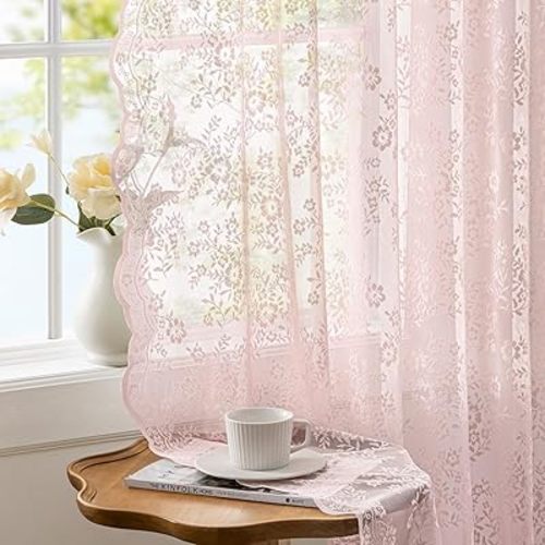 Vintage Lace Curtains 72 Inches Long with Floral and Branch Pattern, Elegant Romantic Sheer Light Filtering Lacy Drapes for Living Room Bedroom, 52 x 72 Inch Light Pink, Set of 2 Panels