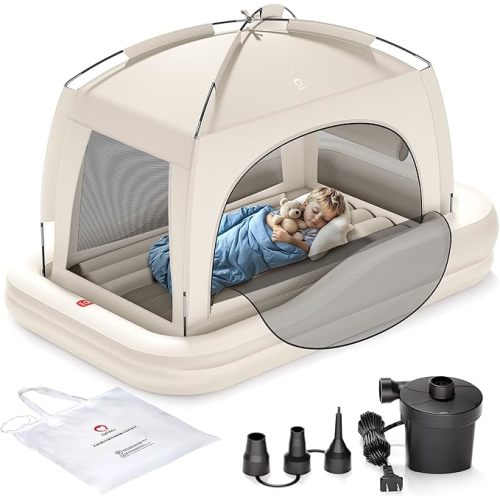 QPAU Inflatable Toddler Travel Bed with Tent, Portable Kids Air Mattress with Safety Sides, Ideal for Home, Grandma's, Camping, Traveling -Includes Fast Electric Pump