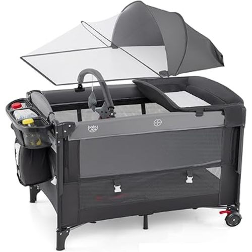 BABY JOY 5-in-1 Pack and Play with Canopy, 4 Level Heights Baby Bedside Sleeper w/Bassinet, U-Shaped Changing Table, Safety Strap, Side Zipper, Portable Bedside Crib Playard from Newborn to Toddlers