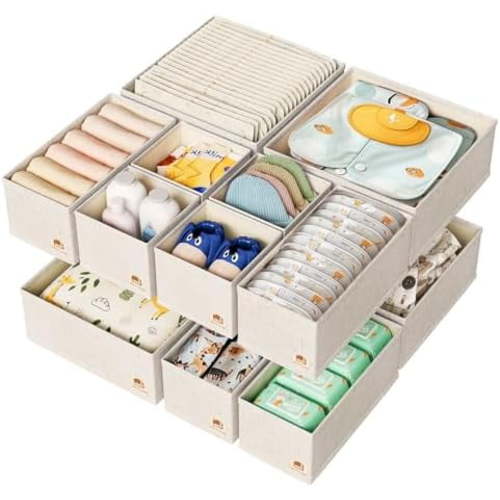 Cotton Linen Drawer Organizer for Baby Clothes, 12Pack Foldable Nursery Dresser Divider, Multi-Size Set Dresser Drawer Organizer for Nursery, Bedroom and Closet, Beige