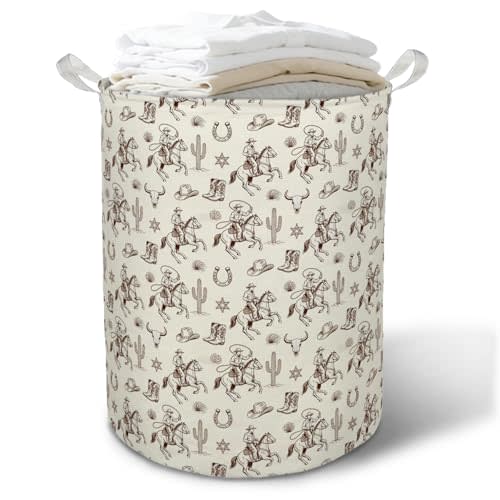 Vintage Western Cowboy Laundry Basket Hamper, Boho Rodeo Cowboy Cactus Bull Skull Foldable Clothes Toys Books Storage Box Bins Baskets Organizer for Bedroom Bathroom Home
