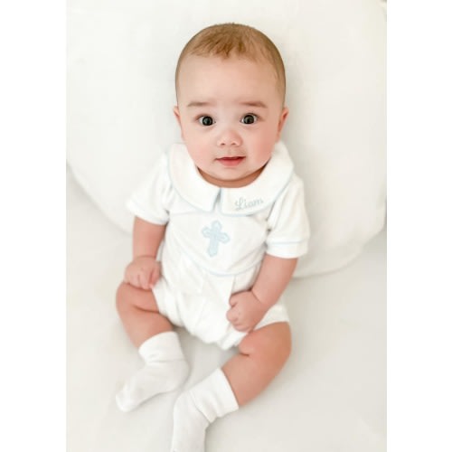 Aaron Baptism White w Blue trim Outfit-Baby Boy Christening Outfit-Dedication-Short Baptism Outfit-Baptism-Blessed Baby-Blessing Outfit
