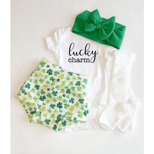 St. Patrick's Day Baby Bummies Set, Shamrock Lucky Charm Baby Girl Bummies and Bow Outfit, First St. Patty's Day Baby Outfit