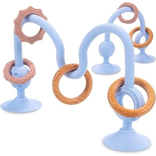High Chair Suction Toy for High Chair Trays, Baby Suction Cup Toy with Large Suction Base, Food Grade Silicone and Wooden Rings, Sensory Toy 6-12 Months