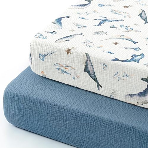 100% Cotton Muslin Crib Sheet 2 Pack - Breathable & Ultra-Soft Fitted Crib Sheets for Standard Baby & Toddler Mattresses, 52"x28" with 9" Deep Pocket, Snug Fit All-Around Elastic
