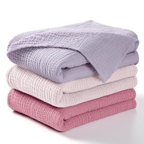 lulumoon Muslin Swaddle Blanket Baby - Cotton Swaddling Blanket Soft Baby Receiving Blankets Neutral 3Pack(Pink+Purple)